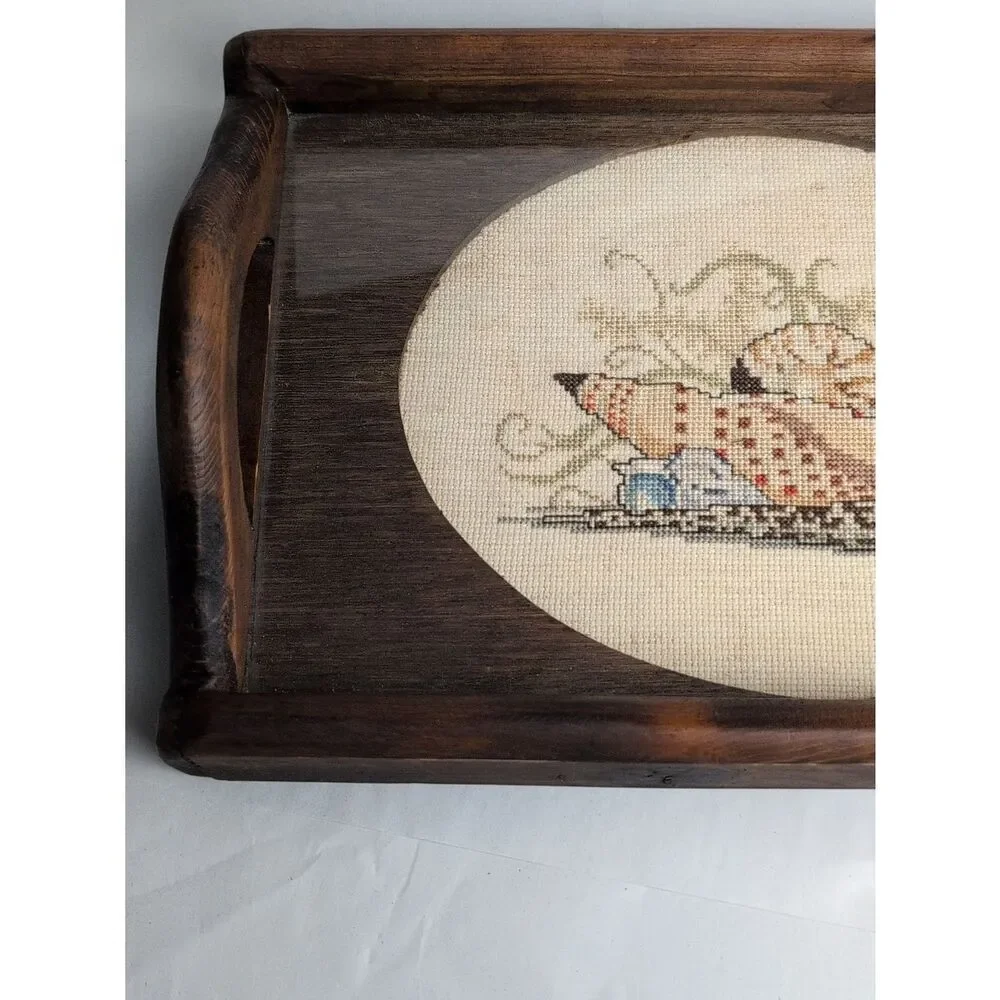 Coastal Seashell Cross-stitch Wood Serving Tray Vintage Cottage